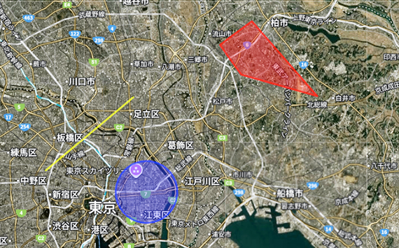 地図上に図形が描写されているKマッププラグインの画面
